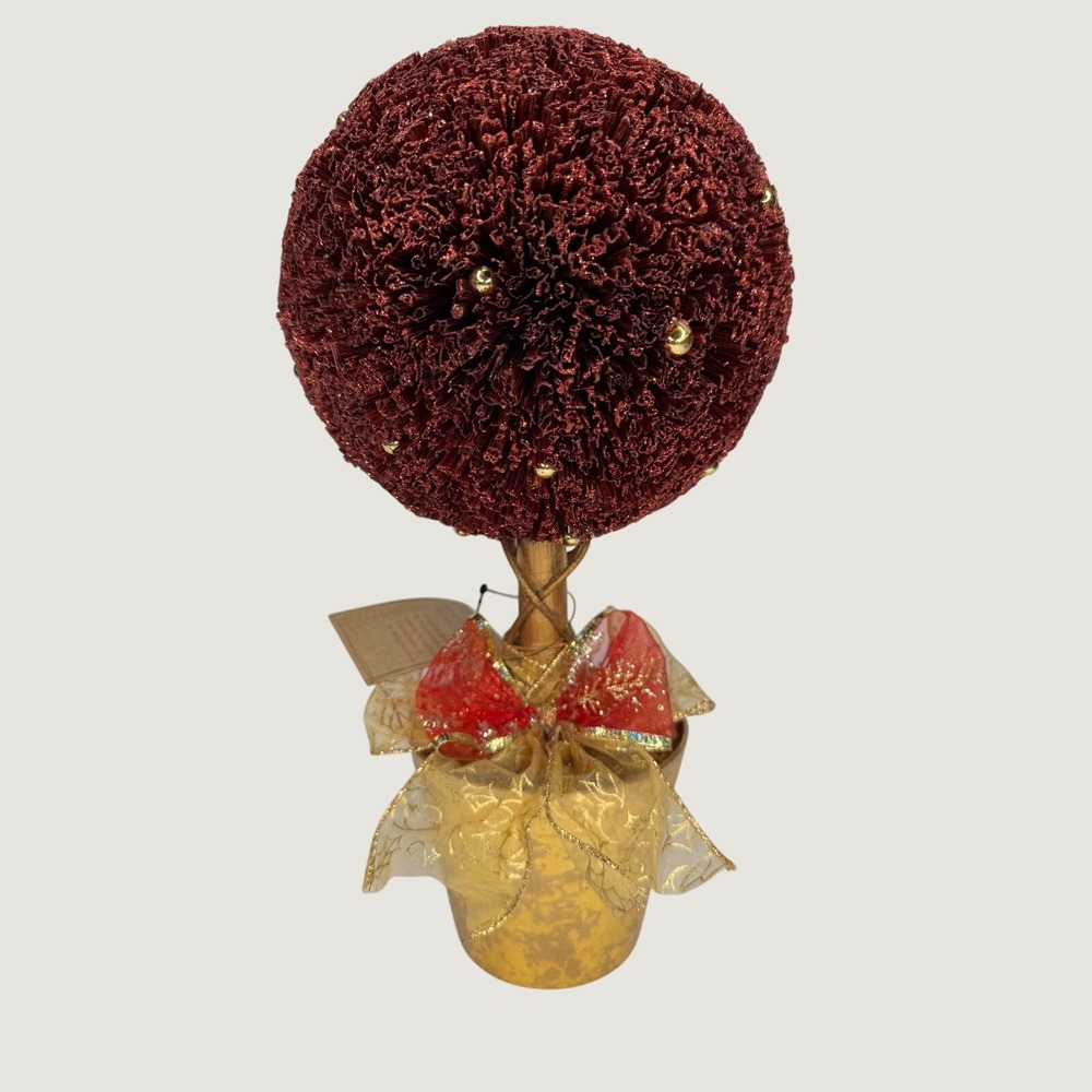 13" Red Sparkle Holiday Topiary Tree Burgundy Gold Bead Hand Crafted Decor NEW